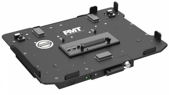 Left angle view of a black docking station with various mounts and connectors.