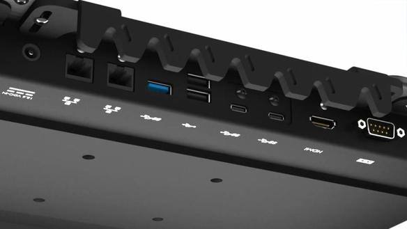Close-up of a docking station's right side showing various ports and connectors.