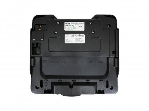 Bottom view of a black Havis cradle with labels and ports.