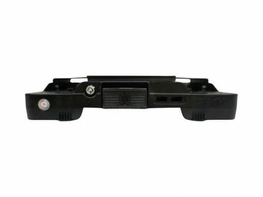 Bottom view of a black Havis cradle with ports and buttons.