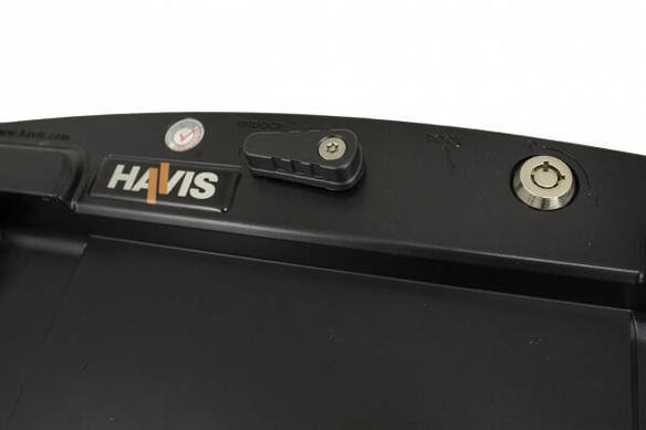 Top corner of HAVIS cradle the showcases the lock system