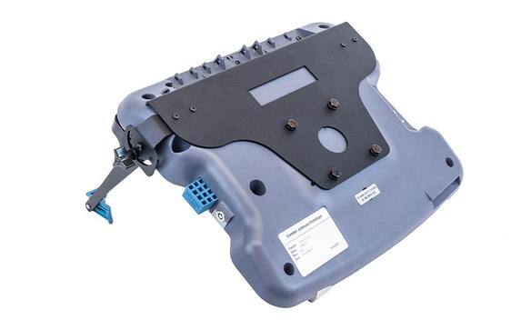 Electronic device with a blue connector and display screen.