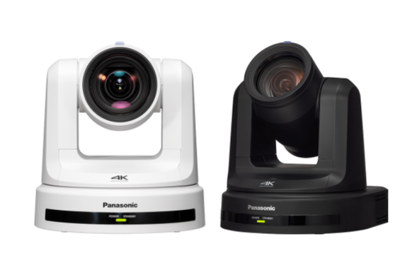 Two Panasonic 4K PTZ cameras, one white and one black.