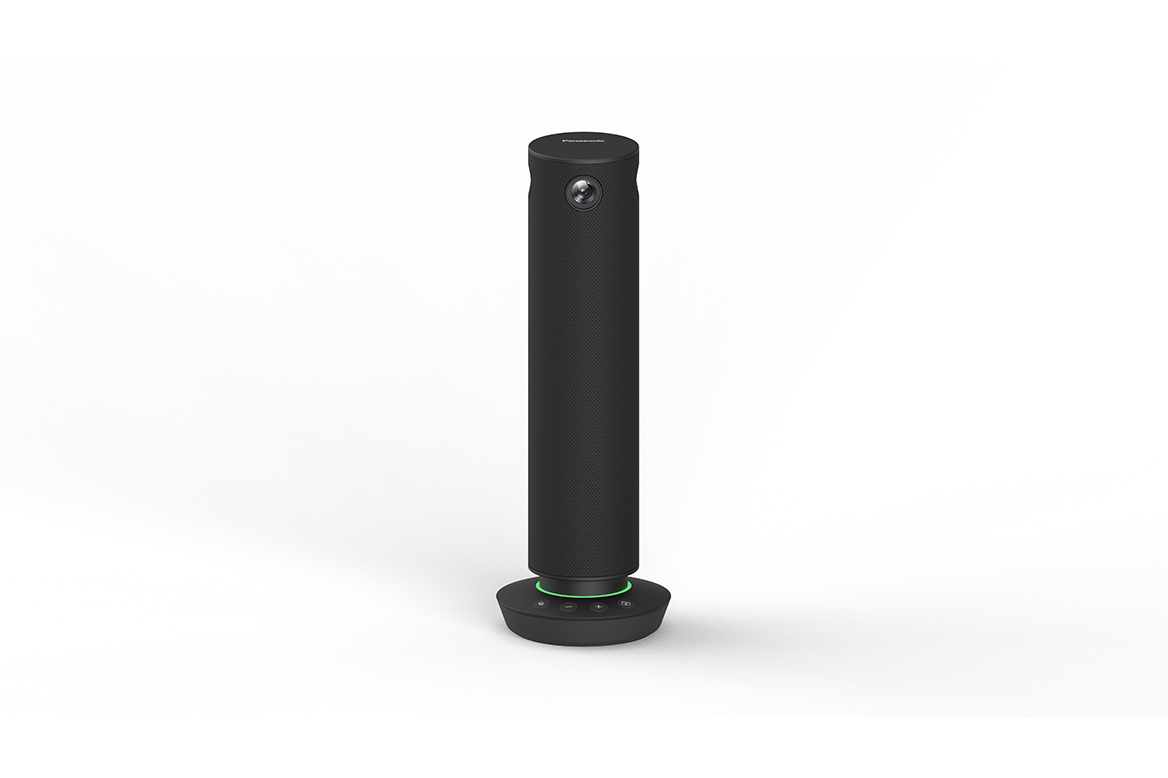 Black cylindrical device with a camera on top and a green-lit base.