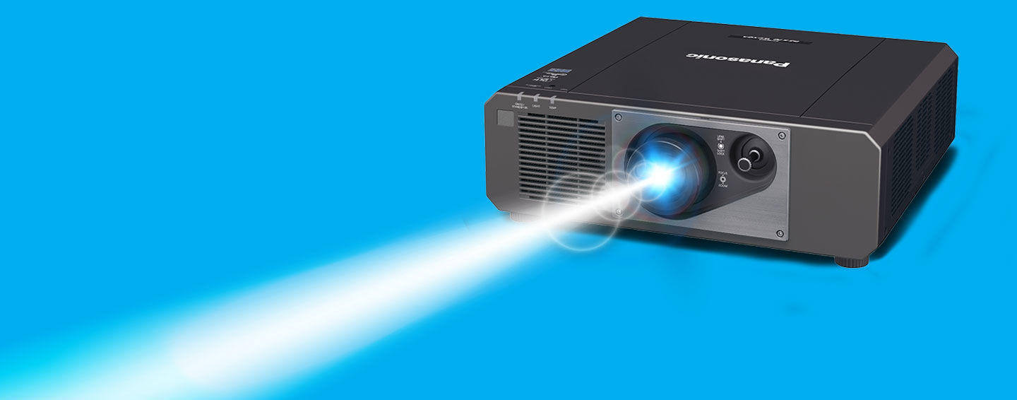 Projecteur noir émettant une lumière vive sur un fond bleu.