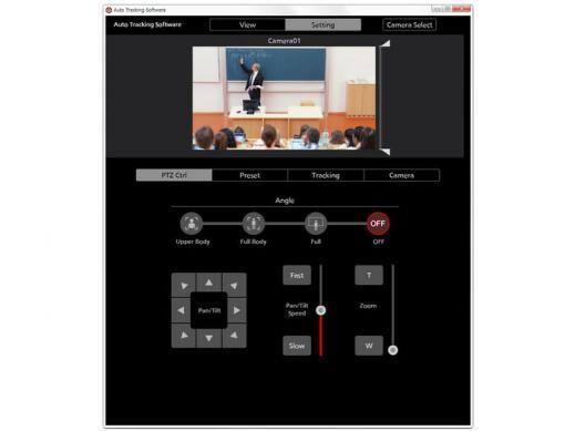 PTZ Camera Auto Tracking Software Video interface showing camera options while tracking professor pointing at blackboard.