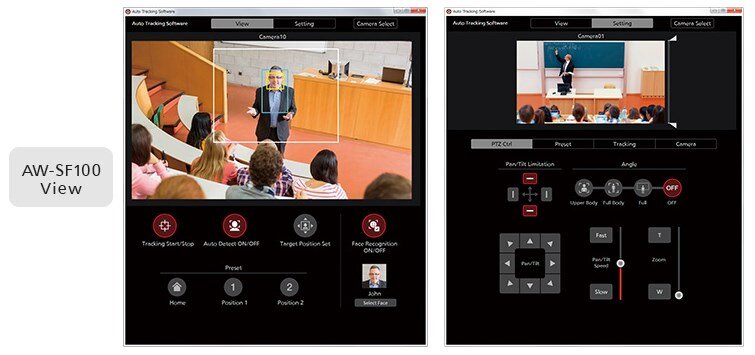 PTZ Camera Auto Tracking Software Interface tracking professor during lecture while providing options for camera adjustments