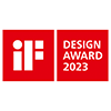 Two red logos for the "IF Design Award 2023," one with a symbol and one with text.