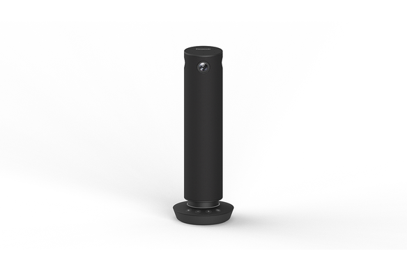 Black cylindrical device on a circular base, isolated on a white background.