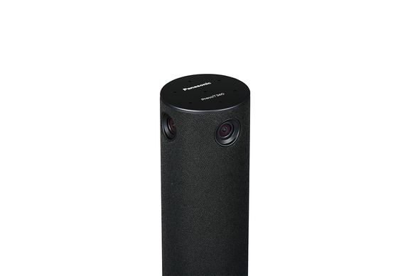 Black cylindrical speaker with two visible camera lenses on top.