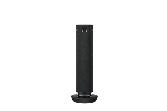 Black cylindrical device with a camera on a circular base.