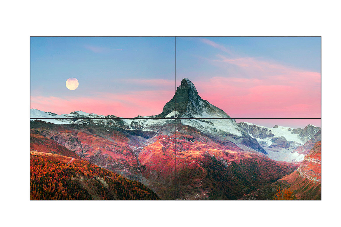 Large wall art of a mountain landscape at sunset with a full moon.