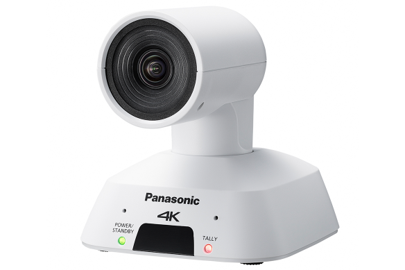 Caméra Panasonic White Panasonic 4K avec objectif visible et étiquettes de commande.