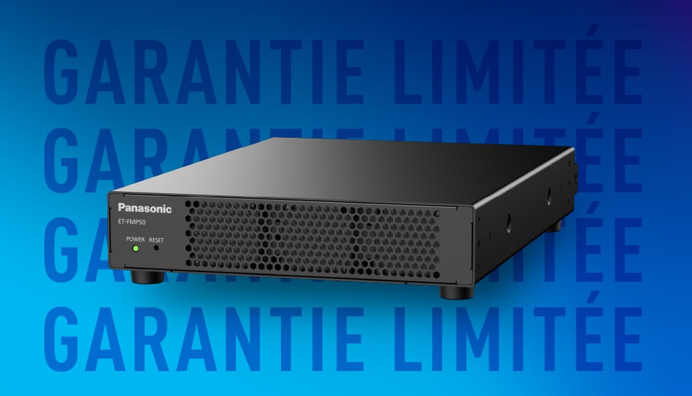 Panasonic projector media processor pictured on a blue gradient background with "Limited Warranty Coverage" text overlay