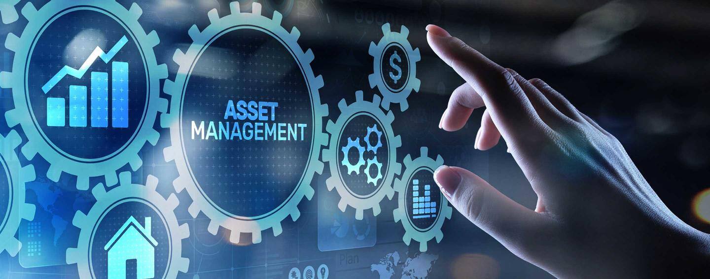 Digital interface showing the concept of industrial automation with gears and icons, with a finger pointing at an icon displaying Asset Management.