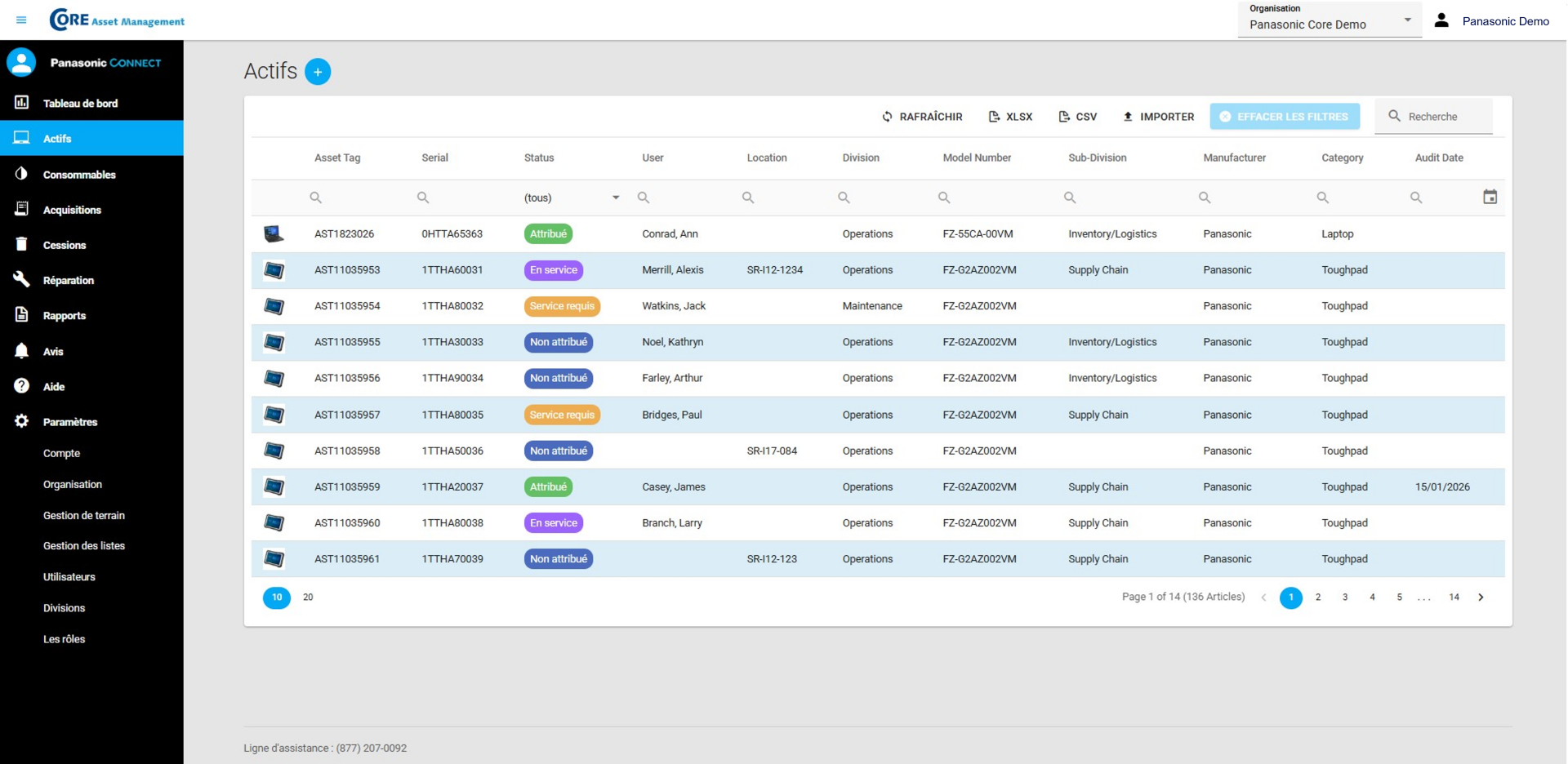 Capture d’écran d’une grille d’actifs
