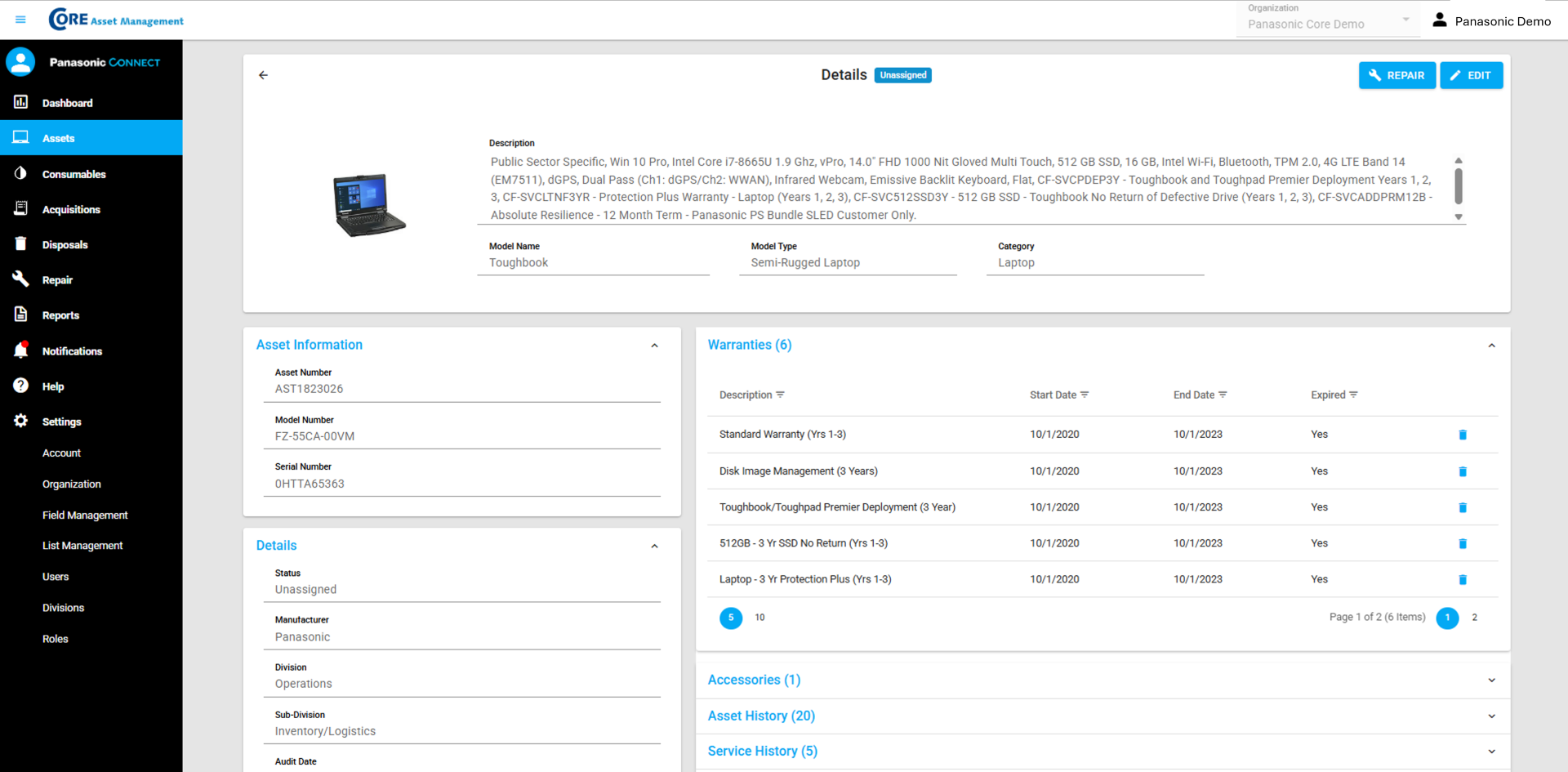 Screen capture of an asset details page
