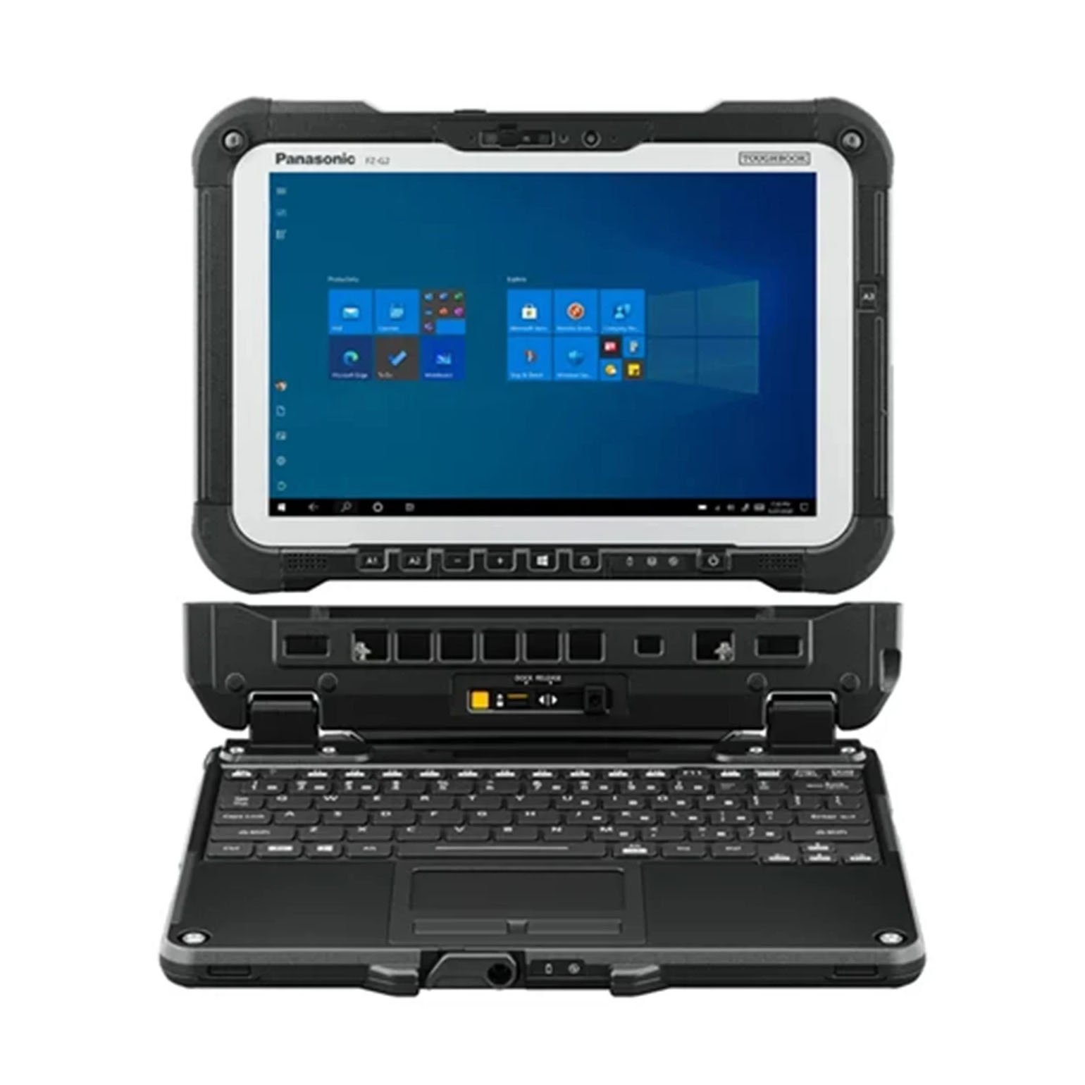 Rugged laptop with detachable tablet screen displaying Windows interface