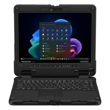 Panasonic TOUGHBOOK 34 fully rugged 2-in-1 laptop and tablet in laptop mode, front view with keyboard attached