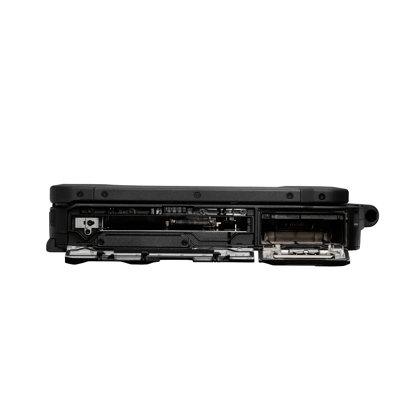 Toughbook 40 fermé, affichant les ports latéraux gauche ouverts.
