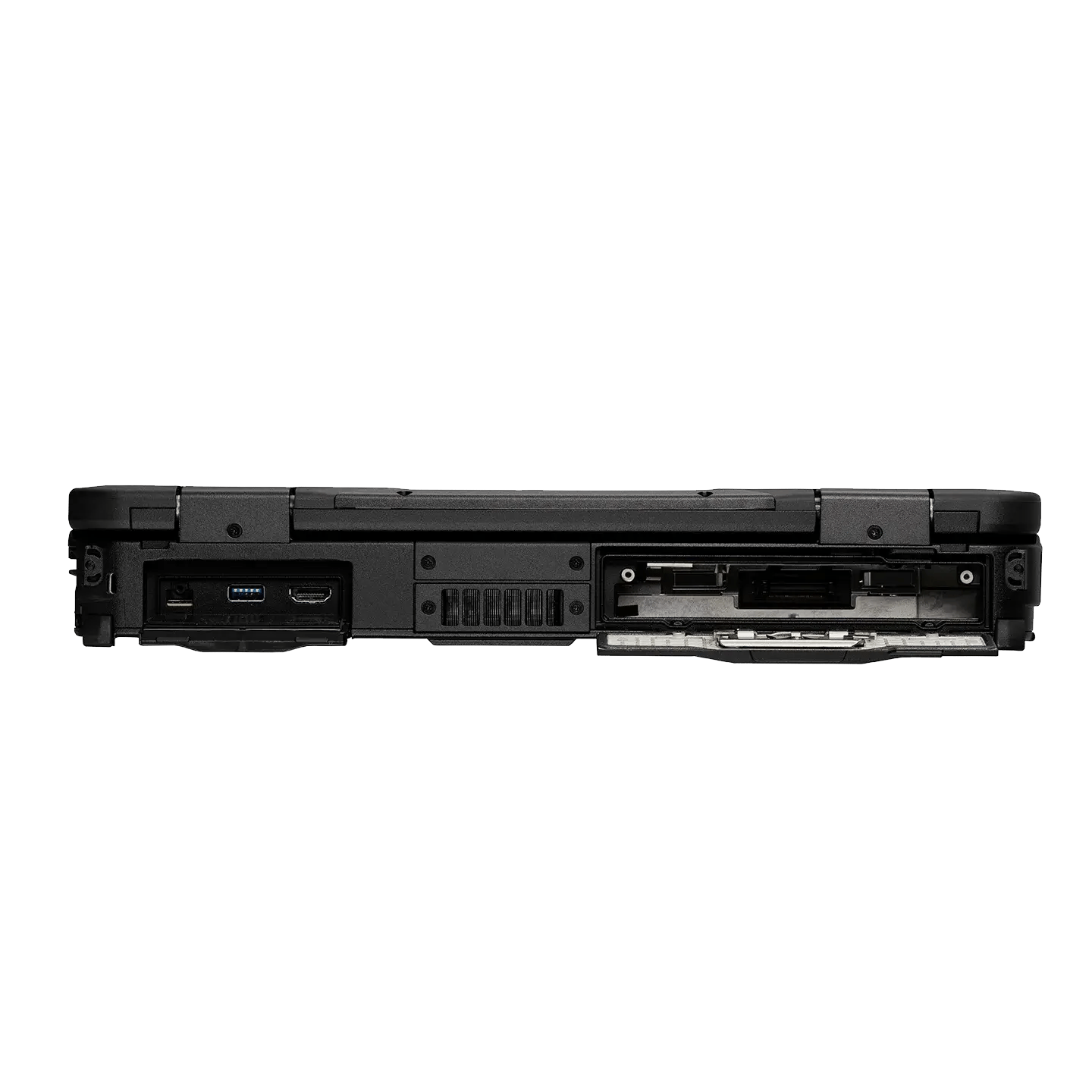 Ordinateur portable fermé TOUGHBOOK 40 montrant son côté arrière avec couvercles des ports ouverts.