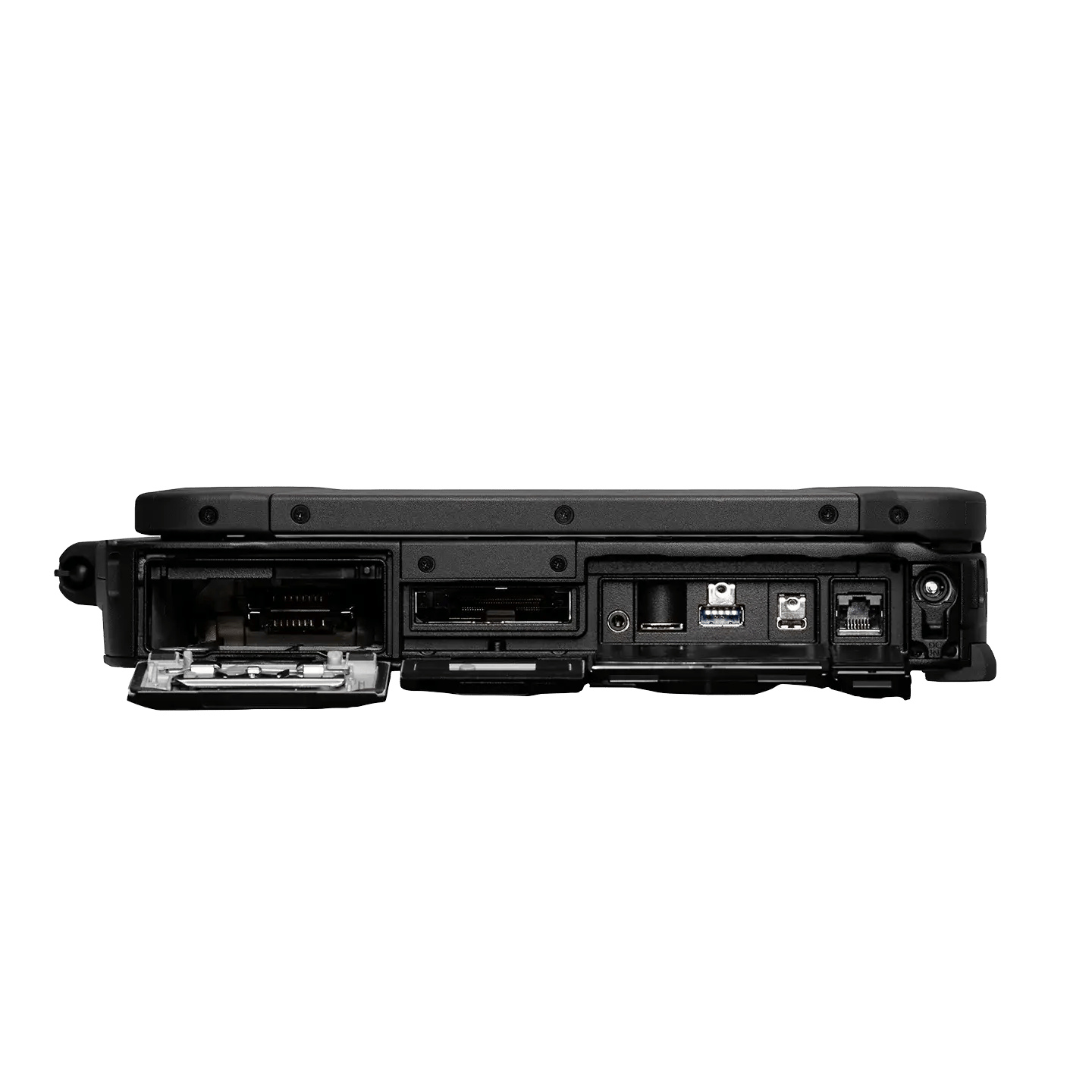 Ordinateur TOUGHBOOK 40 fermé avec ports du côté droit ouverts. 