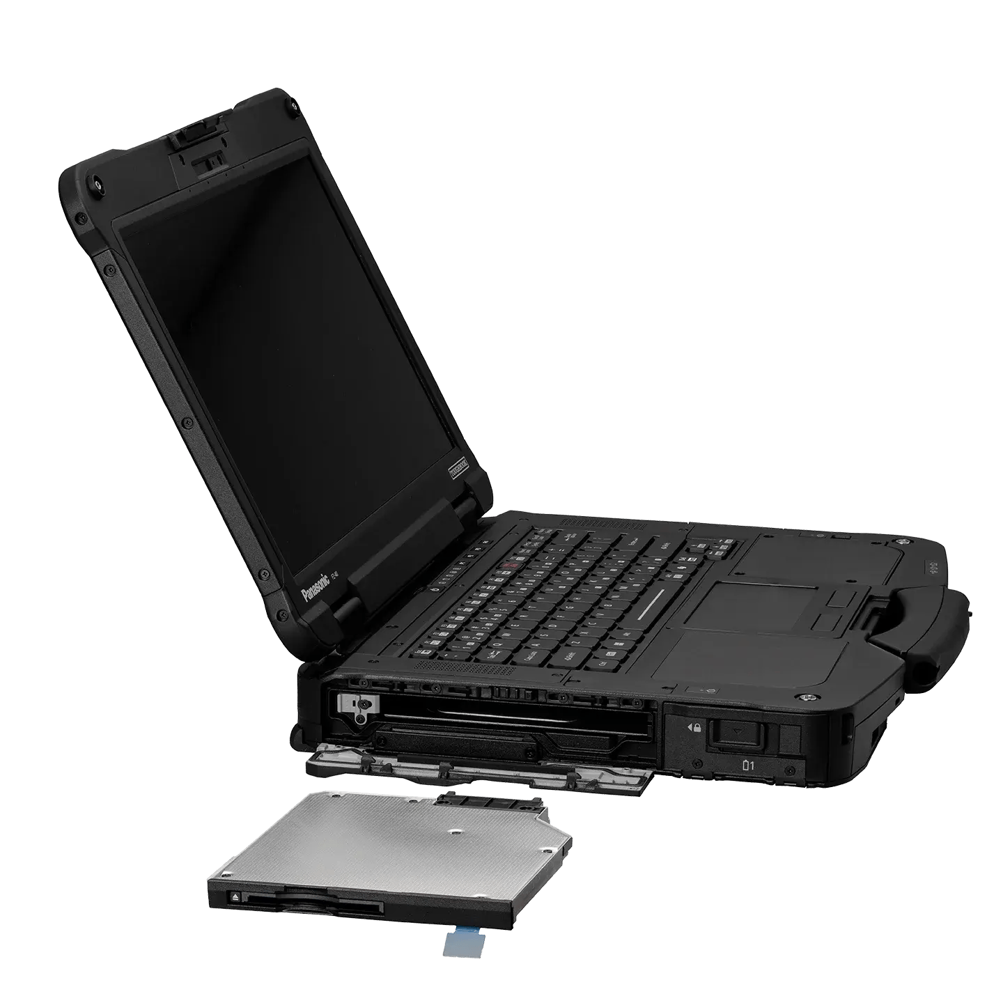 Ordinateur portable Panasonic robuste avec zone d’extension latérale retirée, sur un fond blanc.