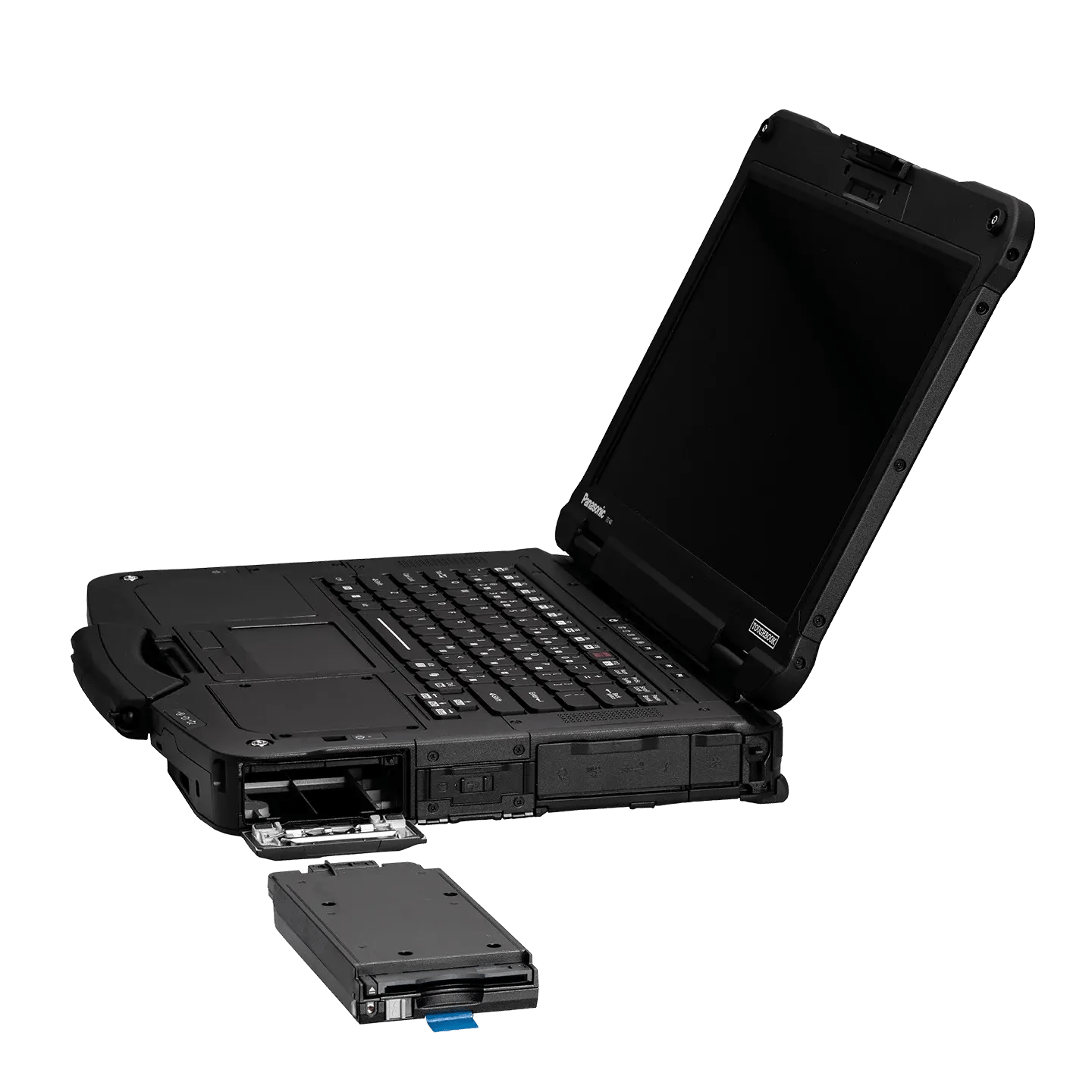 Un ordinateur portable robuste avec des ports ouverts sur le côté droit.