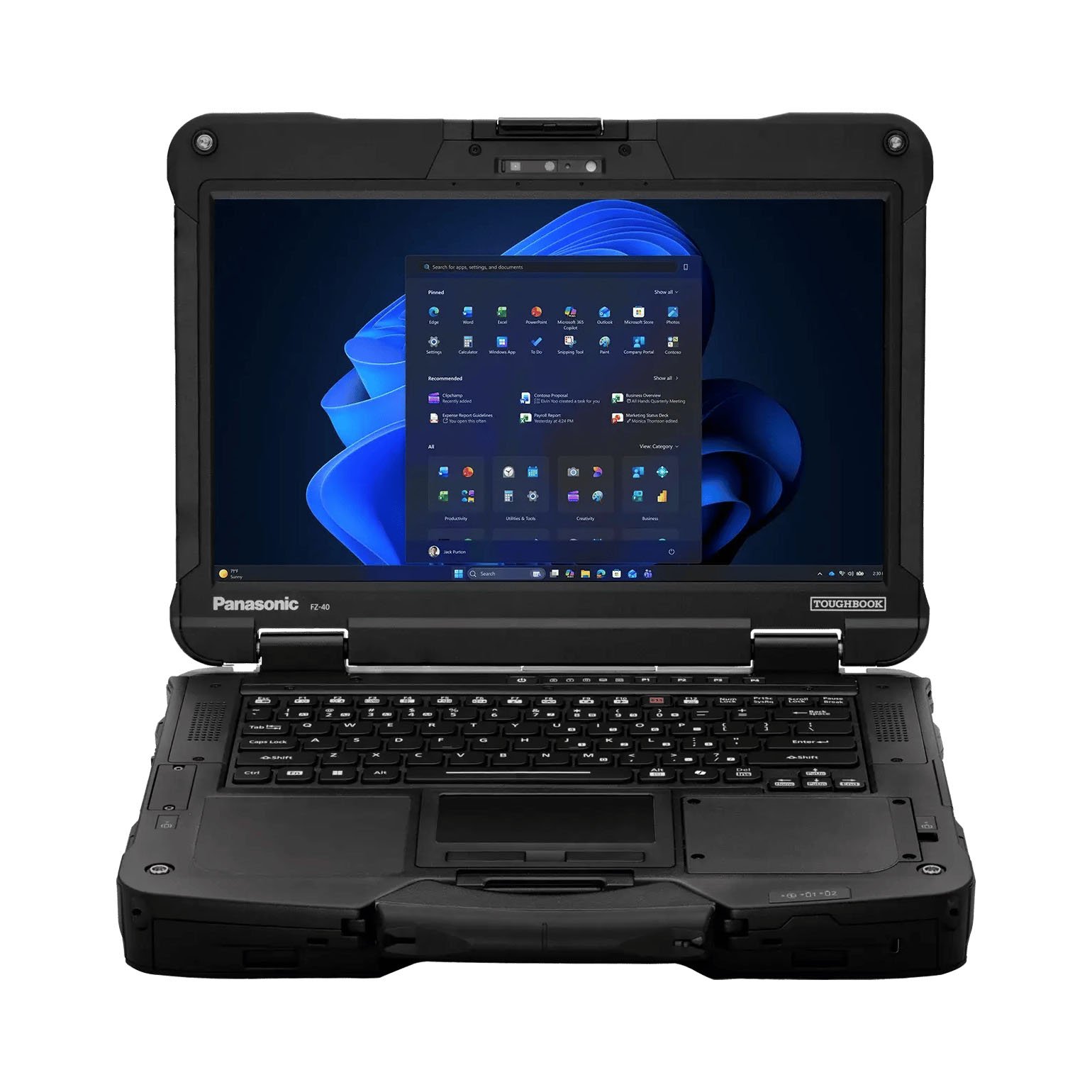 Un ordinateur portable robuste affichant l'écran de démarrage de Windows sur un fond blanc.