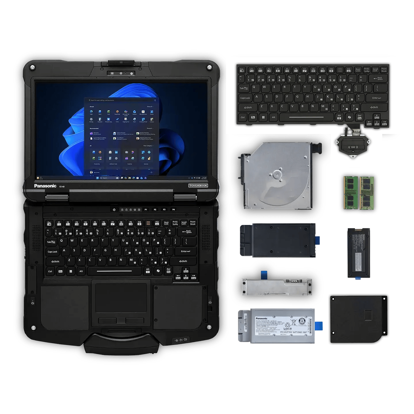 Bloc-notes renforcé TOUGHBOOK 40 Panasonic ouvert à plat avec modules d’extension étalés à ses côtés. 