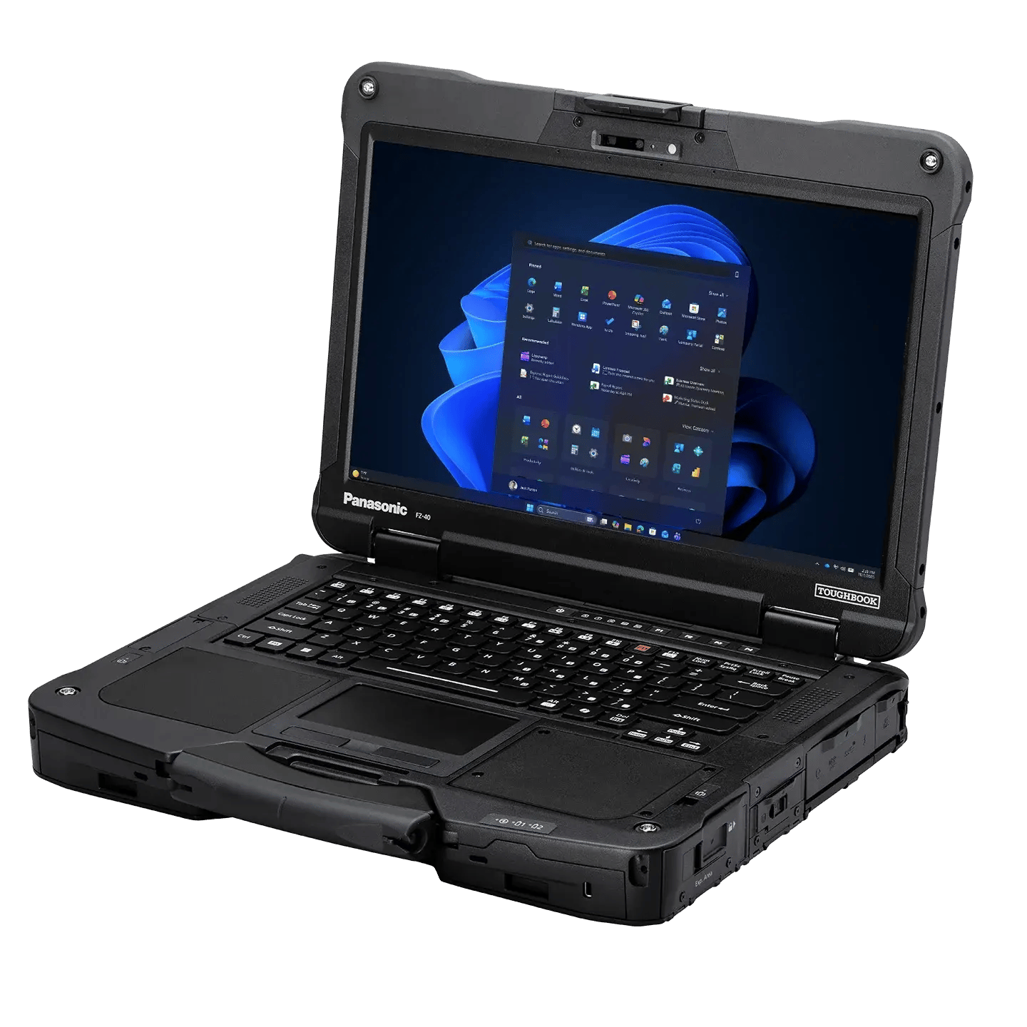 Un ordinateur portable noir et robuste orienté vers la droite.
