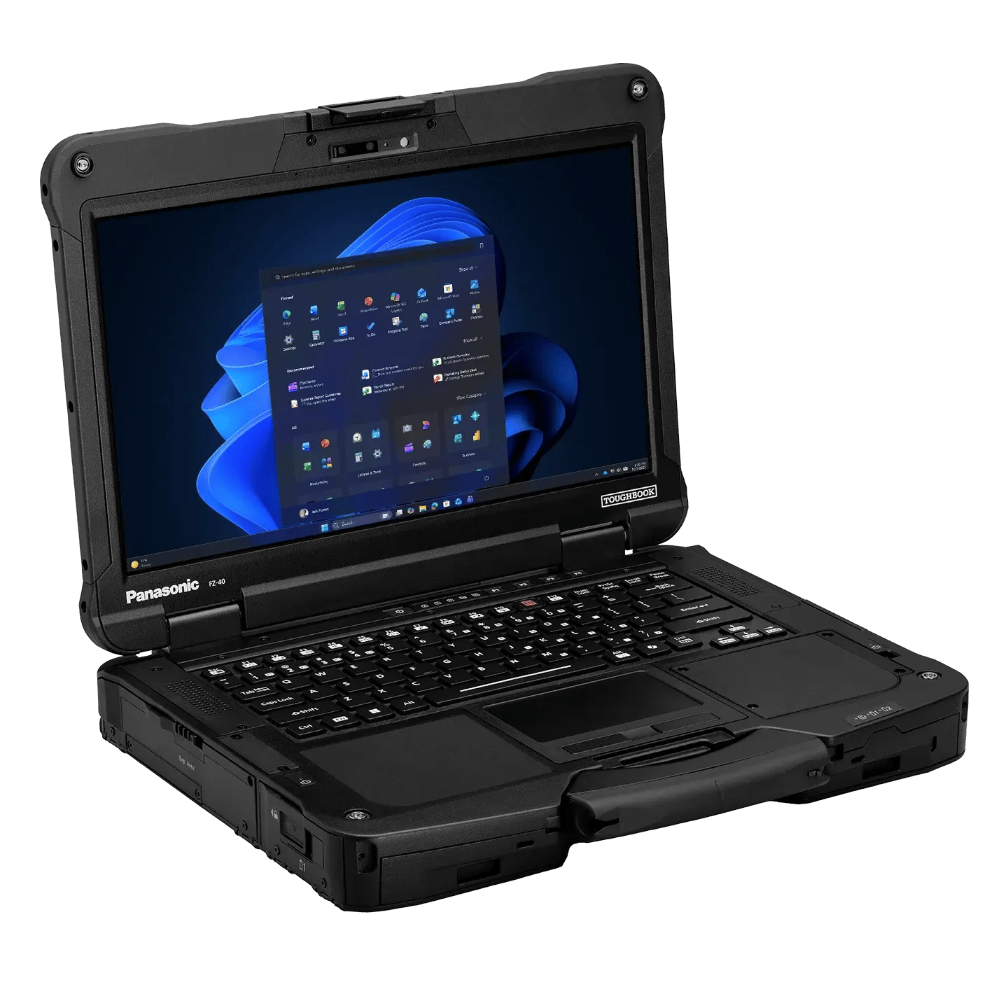 Ordinateur portable robuste avec clavier et écran tactile, orienté vers la gauche.