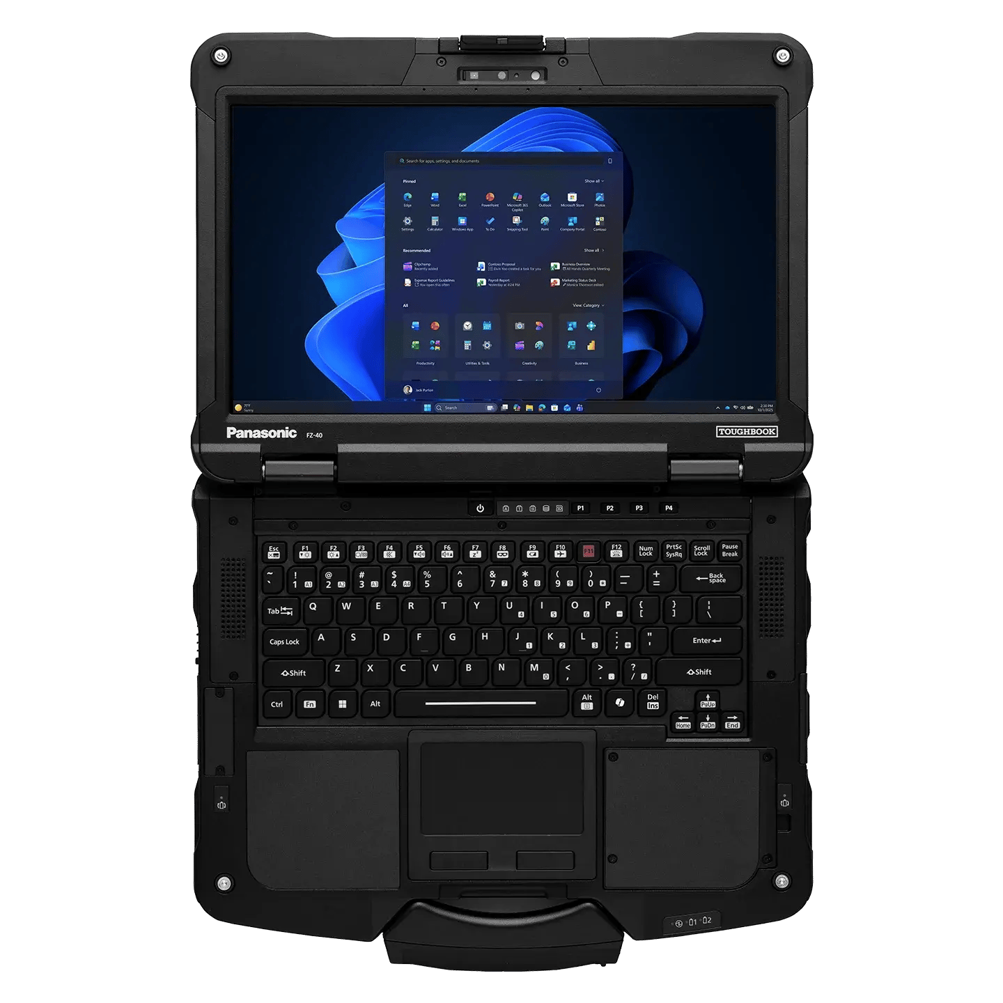 Vue à vol d’oiseau d’un ordinateur portable renforcé avec clavier et pavé tactile, complètement ouvert.