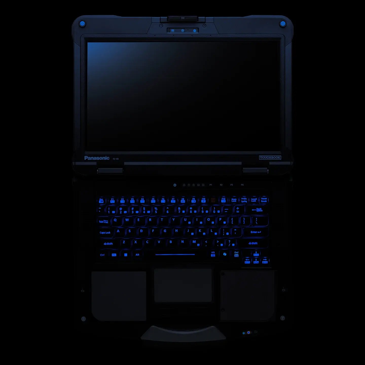 Ordinateur portable avec clavier rétroéclairé sur fond noir.