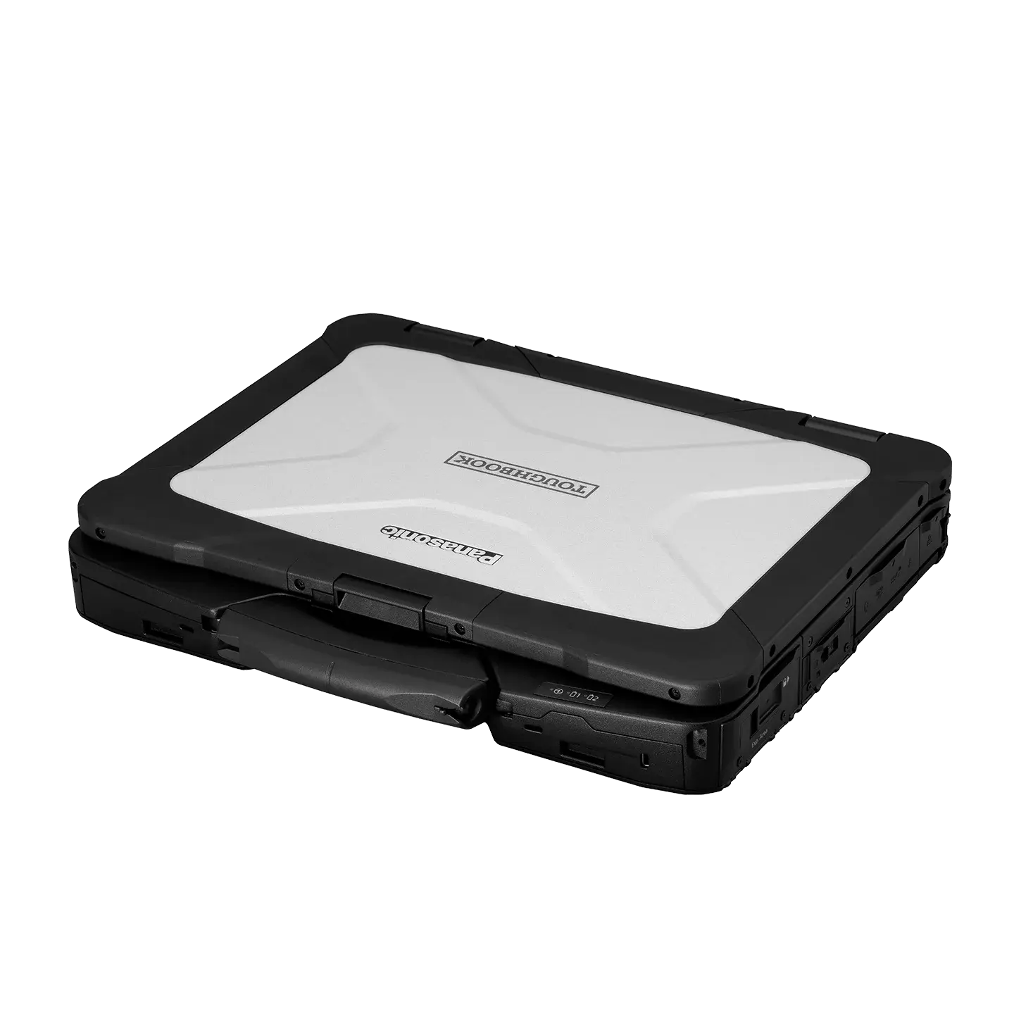Ordinateur portable TOUGHBOOK 40 fermé et pose à plat montrant son couvercle gris et son logo en noir. 