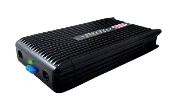 Adaptateur d'alimentation noir 120W avec indicateur LED et conception côtelée.