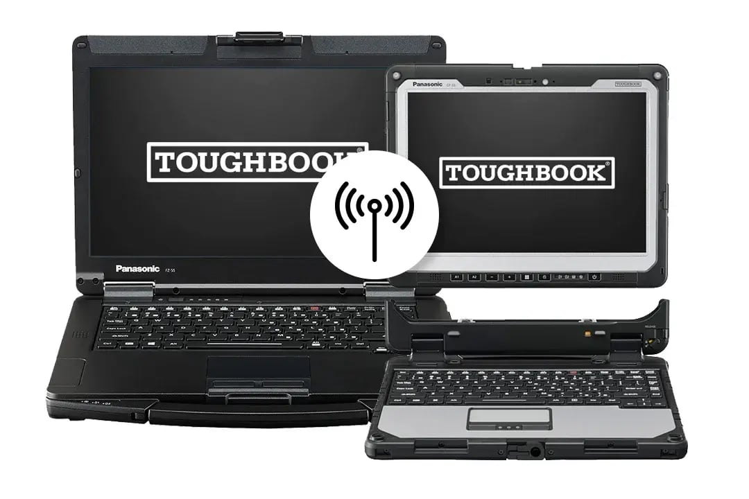 Blocs-notes TOUGHBOOK 55 et 33 avec écrans ouverts, côte-à-côte avec icône WiFi superposée 