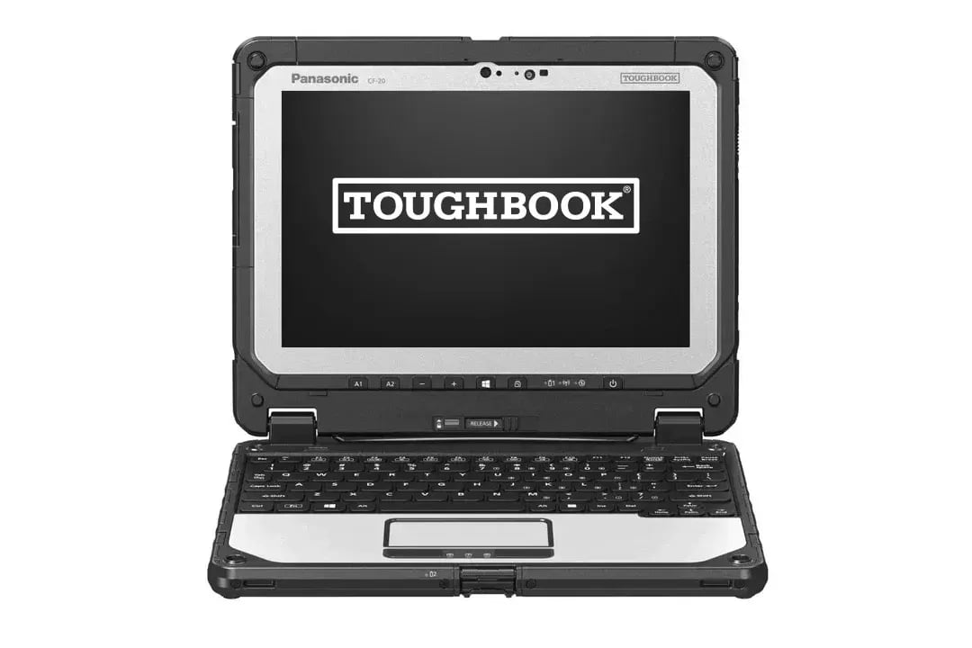 Bloc-notes TOUGHBOOK CF-20 avec écran ouvert et logo TOUGHBOOK logo sur l'écran