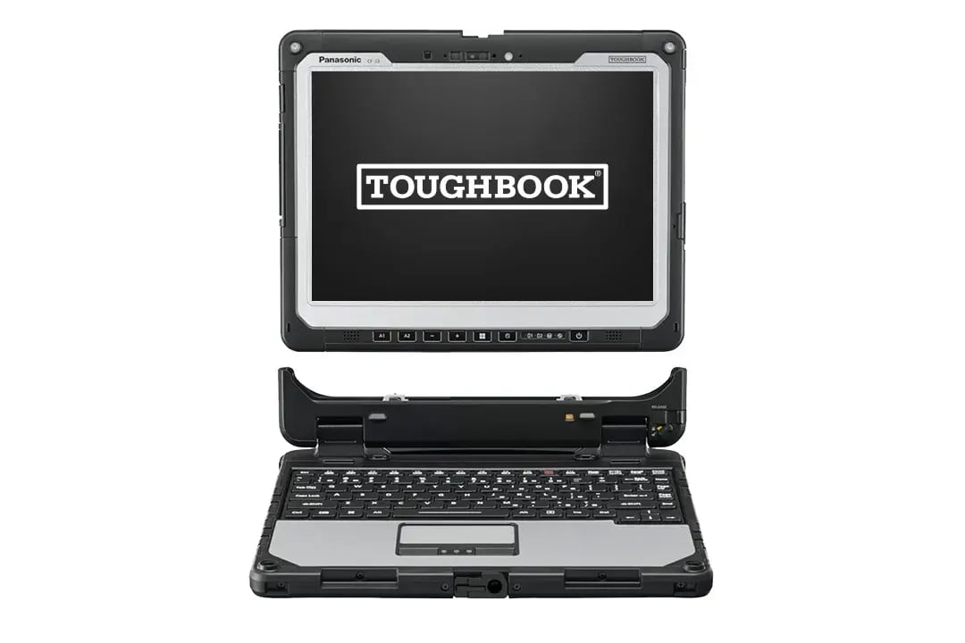 Bloc-notes TOUGHBOOK CF-33 avec écran amovible retiré au-dessus du clavier et logo TOUGHBOOK affiché sur l'écran