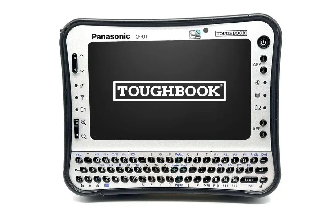 Tablette TOUGHBOOK CF-U1 avec logo TOUGHBOOK sur l'écran