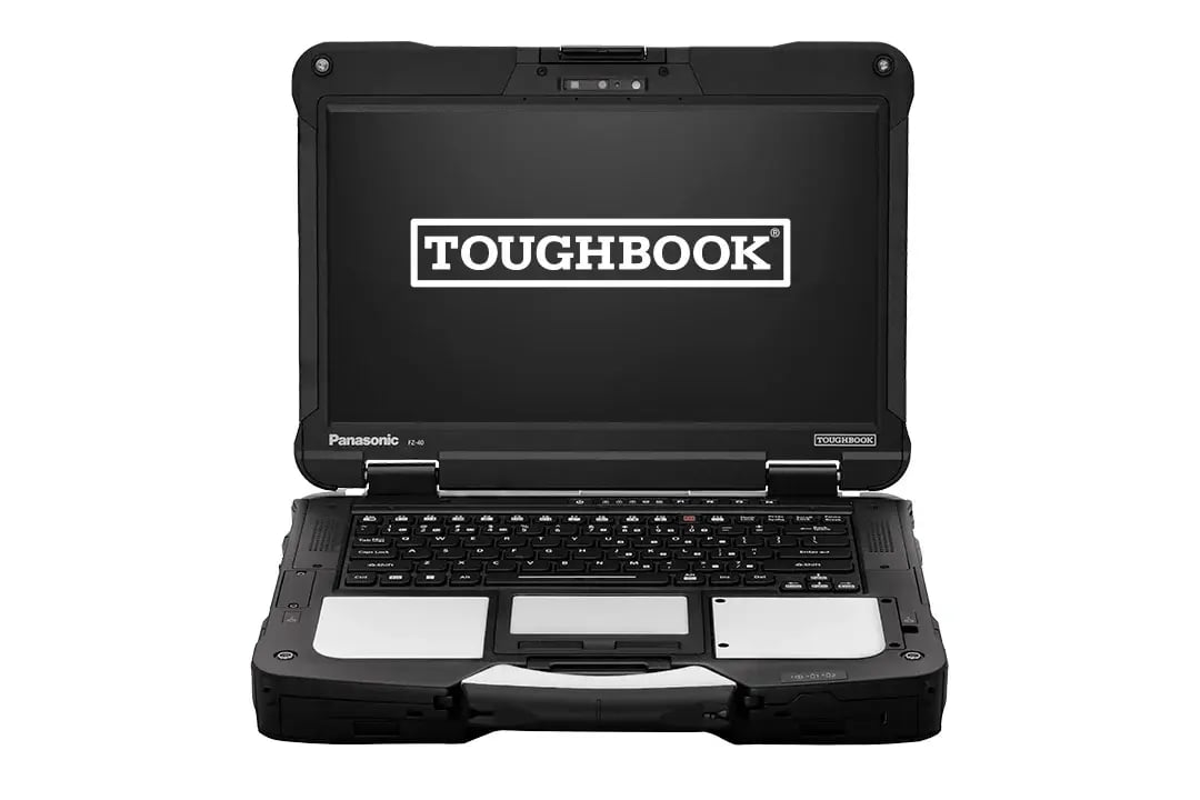 Bloc-notes TOUGHBOOK FZ-40 avec écran ouvert et logo TOUGHBOOK sur son écran