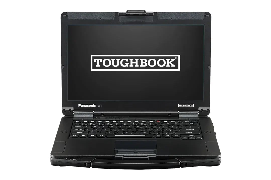 Bloc-notes TOUGHBOOK FZ-55 avec écran ouvert et logo TOUGHBOOK sur son écran
