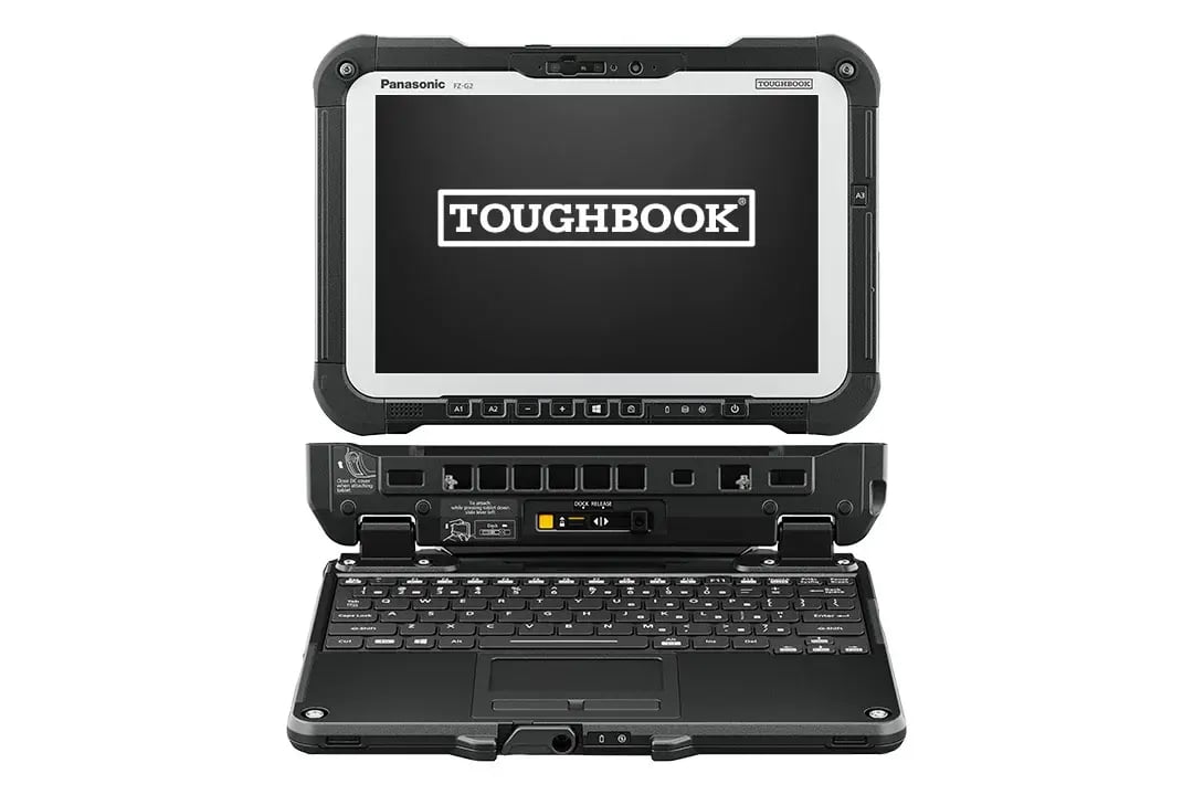 Bloc-notes TOUGHBOOK FZ-G2 avec partie tablette détachée du clavier, et logo TOUGHBOOK affiché sur son écran