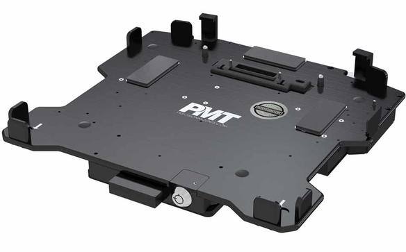 Black laptop cradle with multiple securing points and a logo.