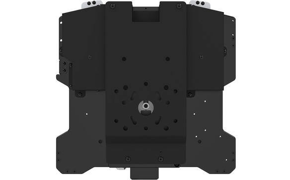 Black laptop cradle with multiple mounting points.