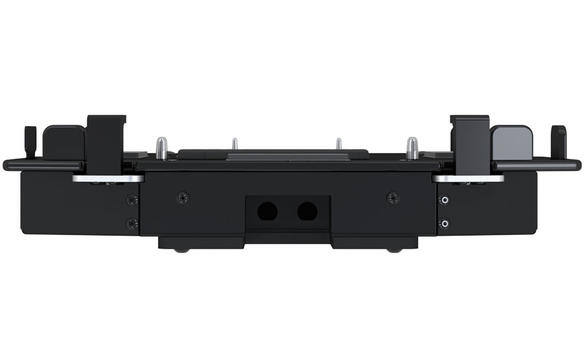 Black laptop cradle with multiple compartments and securing mechanisms.