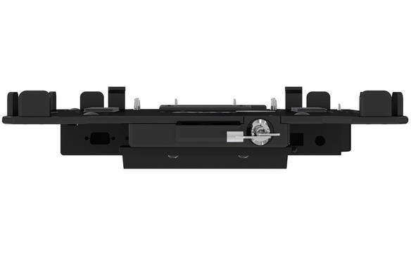 Black laptop cradle with multiple compartments and docking connectors.