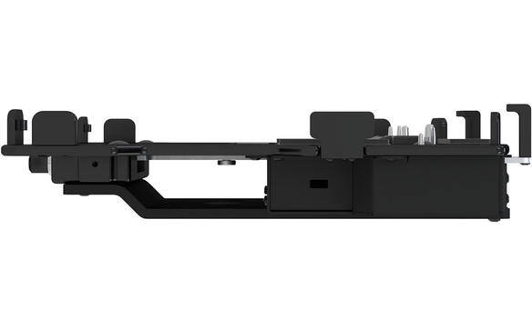 Black laptop cradle with adjustable side clamps and connectors.