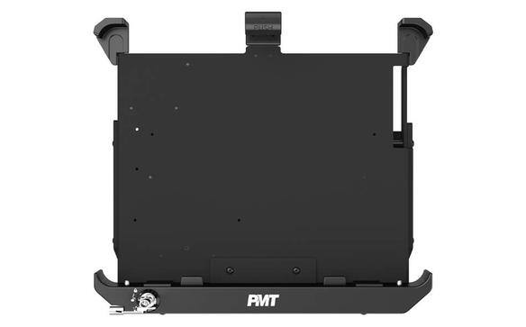 Black docking station for a tablet with adjustable side grips and a locking mechanism.
