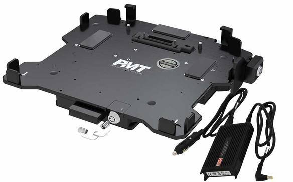 Berceau d'ordinateur portable noir avec supports réglables et un adaptateur d'alimentation.